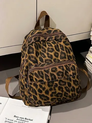 Women Fashion Leopard Camouflage Canvas Backpack Lightweight Casual Korean Style Student School Bag For Daily Travel