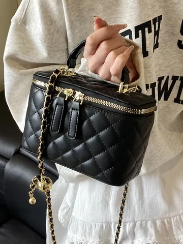 Mini Bolso de Cubo Acolchado con Cadena para Mujer Bolso de Tocador Plateado Bolso de Mano de Moda Bolso de Bandolera para el Viaje Diario y Estilos de Verano