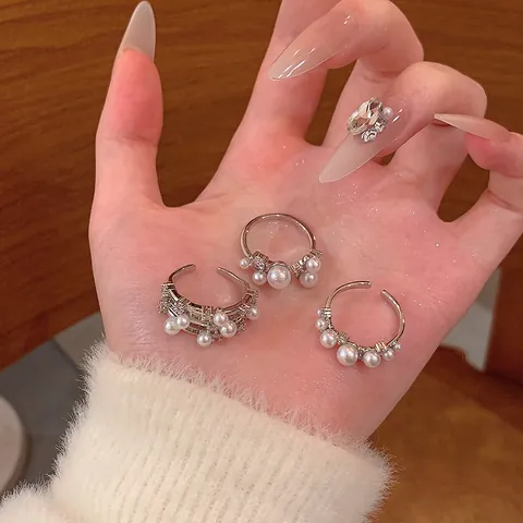 French Vintage Style Copper Artificial Pearl Rhinestone Ring For Women Light Luxury Adjustable Open Stacking Ring Jewelry