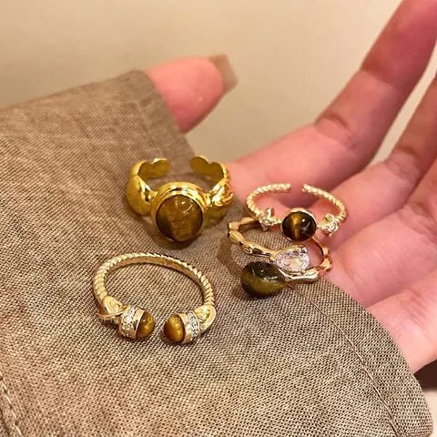 Vintage Tigerauge Goldring Für Damen Retro Geometrischer Maillard-Stil Kupfer Strass Verstellbarer Offener Ring Nische High-end Schmuckzubehör