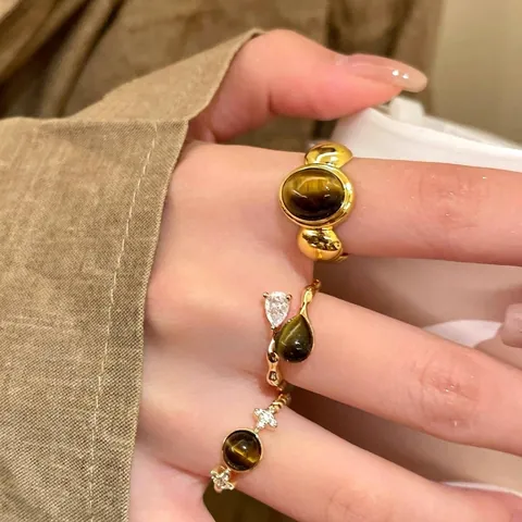 Vintage Tigerauge Goldring Für Damen Retro Geometrischer Maillard-Stil Kupfer Strass Verstellbarer Offener Ring Nische High-end Schmuckzubehör