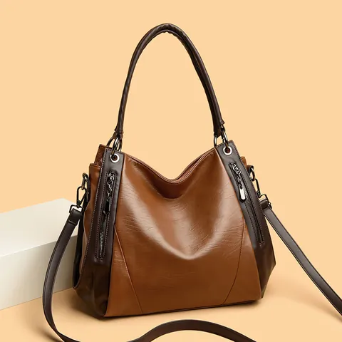 Large Capacity Women PU Leather Tote Bag Simple Color Block Handbag Versatile Shoulder Crossbody Bag Fashion Mom Bag