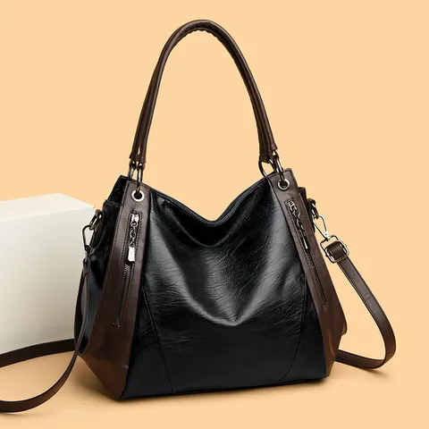 Large Capacity Women PU Leather Tote Bag Simple Color Block Handbag Versatile Shoulder Crossbody Bag Fashion Mom Bag