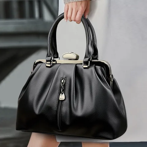 Damen Mode PU Leder Tote Tasche Große Kapazität Handtasche Retro Metallrahmen Verschluss Vintage Stil Schulter Umhängetasche