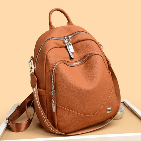 Women Fashion PU Leather Backpack 2025 Trendy Multi Pocket Travel Bag Casual Waterproof School Bag With Geometric Strap
