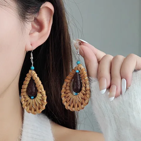 Bohemian Rattan Woven Water Drop Earrings For Women Retro Ethnic Wood Bead Artificial Turquoise Dangle Earrings Vacation Jewelry