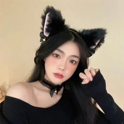 Cat Ears Hair Hoop And Lace Choker Set Cute Animal Bell Headband Kawaii Cosplay Hair Accessories For Women Party