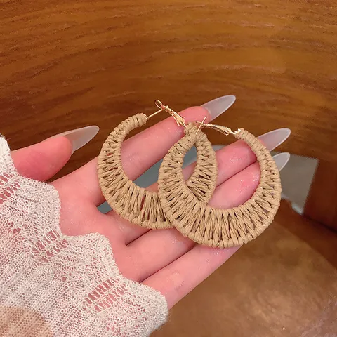 Handmade Rattan Woven Hoop Earrings Bohemian Straw Moon Circle Earrings With 925 Sterling Silver Post For Women Resort Style Jewelry