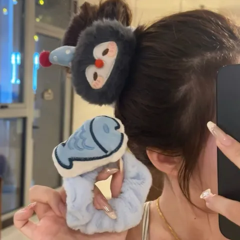 Large Plush Cartoon Scrunchies Korean Style Furry Hair Ties For Women Winter Warm Hair Accessories Handmade Bow Knot Rabbit Ears Hair Band