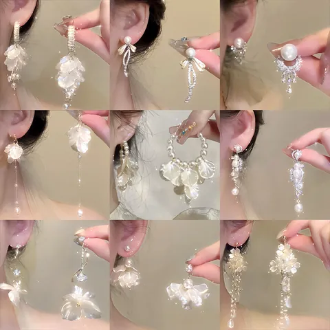 French Vintage Alloy Petal Earrings For Women With 925 Sterling Silver Post Artificial Pearl Rhinestone Tassel Drop Earrings Vacation Jewelry