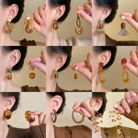 Maillard Style Acrylic Resin Pendant Earrings For Women Vintage Alloy Rhinestone Artificial Pearl Drop Earrings 925 Silver Post