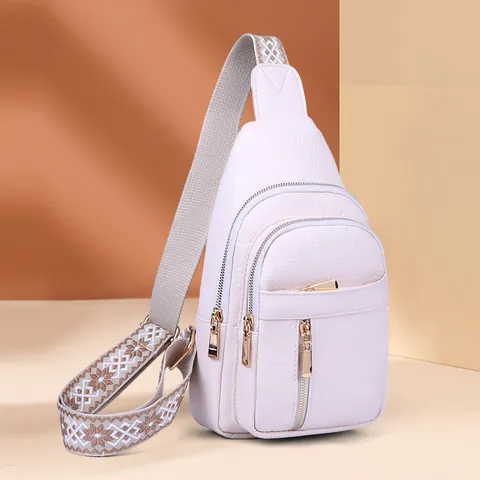 Women Vintage PU Leather Chest Bag Pebbled Texture Multi-Zipper Crossbody Bag With Wide Geometric Strap Casual Fashion Travel Sling Pack