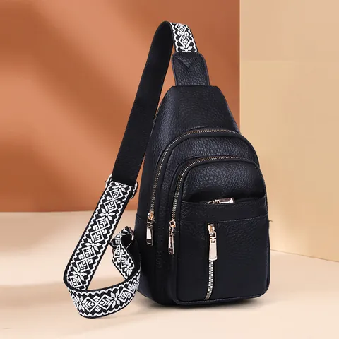 Women Vintage PU Leather Chest Bag Pebbled Texture Multi-Zipper Crossbody Bag With Wide Geometric Strap Casual Fashion Travel Sling Pack