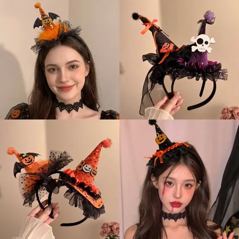 Halloween Witch Hat Headband For Women Kids Pumpkin Ghost Spider Bat Sequin Mesh Hairband Cosplay Party Accessories Decor