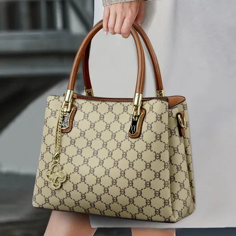 Women Fashion Monogram Printed PU Leather Handbag OL Commute Tote Bag With Kangaroo Pendant Shoulder Crossbody Bag