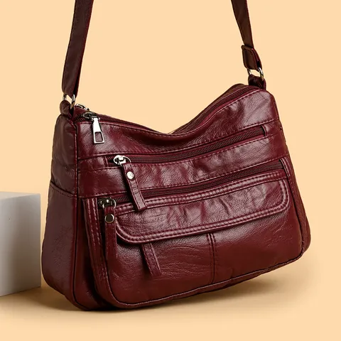 Women Urban Minimalist Washed PU Leather Crossbody Bag Multi Zipper Pockets Large Capacity Soft Shoulder Purse Messenger Bag