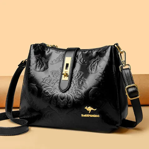 Women Vintage Embossed Floral Crossbody Bag PU Leather Multi-layer Shoulder Bag For Middle-aged Mother Casual Tote Handbag