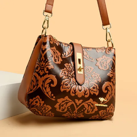 Women Vintage Embossed Floral Crossbody Bag PU Leather Multi-layer Shoulder Bag For Middle-aged Mother Casual Tote Handbag