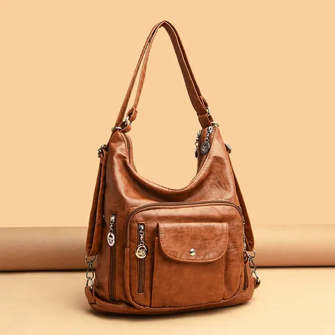 Women Versatile Convertible Shoulder Bag PU Leather Large Tote Handbag Backpack With Rivets Multi Pocket Travel Daily Bag