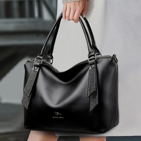 Women Fashion Patchwork PU Leather Tote Bag Large Capacity Rhinestone Kangaroo Logo Shoulder Crossbody Bag Elegant Commuter Handbag