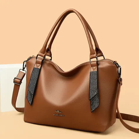 Women Fashion Patchwork PU Leather Tote Bag Large Capacity Rhinestone Kangaroo Logo Shoulder Crossbody Bag Elegant Commuter Handbag