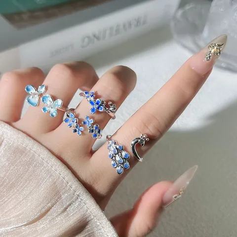 Women Blue Gradient Peacock Flower Open Ring Adjustable Copper Rhinestone Drip Oil Fashion Jewelry Sweet Cool Finger Ring