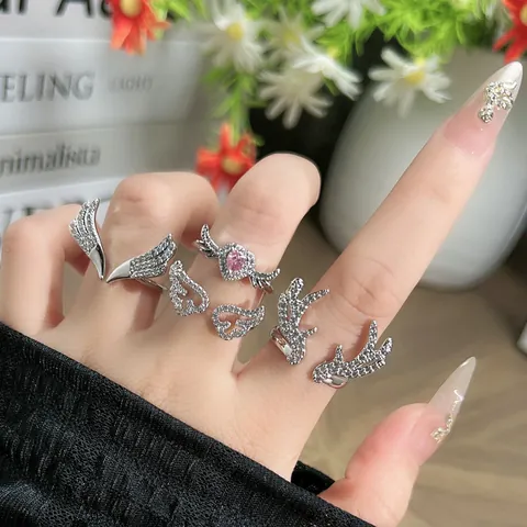 Minimalist Copper Zirconia Antler Wing Heart Open Rings For Women Dainty Adjustable Fashion Jewelry Silver Pink Jewelry Gift