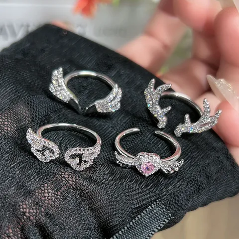 Minimalist Copper Zirconia Antler Wing Heart Open Rings For Women Dainty Adjustable Fashion Jewelry Silver Pink Jewelry Gift