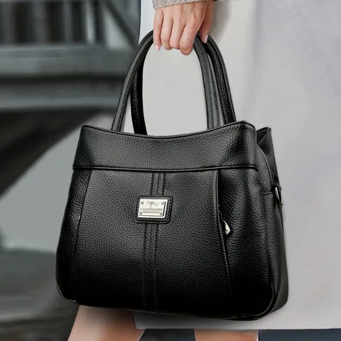 Vintage Lychee Texture PU Leather Women Handbag Fashion Shoulder Crossbody Tote Bag With Brand Plate Adjustable Strap