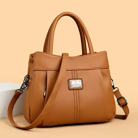 Vintage Lychee Texture PU Leather Women Handbag Fashion Shoulder Crossbody Tote Bag With Brand Plate Adjustable Strap