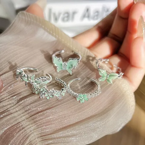 Minzgrün Tropfglasur Schmetterling Blume Offener Ring Für Damen Verstellbarer Kupfer Strass Fingerring Süßer Sommer Schmuck