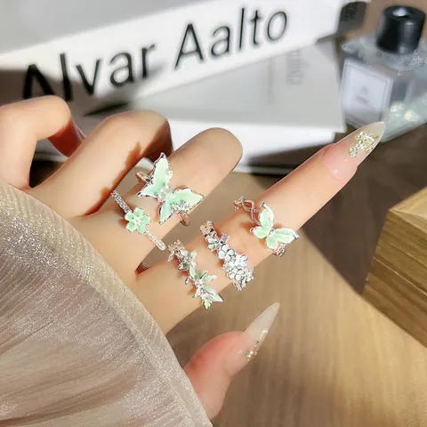 Minzgrün Tropfglasur Schmetterling Blume Offener Ring Für Damen Verstellbarer Kupfer Strass Fingerring Süßer Sommer Schmuck