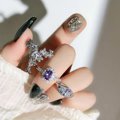 Sweet Cool Copper Zirconia Open Ring For Women Purple Flower Tassel Oval Full Diamond Inlaid Exquisite Fashion Finger Ring