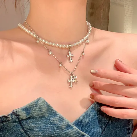 Gothic Double Layered Cross Pendant Necklace Alloy Rhinestone Artificial Pearl Choker Jewelry For Women