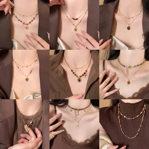 Vintage Maillard Tiger Eye Stone Pendant Necklace For Women Retro Beaded Long Sweater Chain High-end Layered Copper Jewelry Accessories