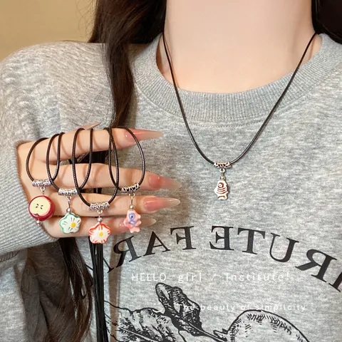 Dopamine Multicolor Resin Flower Rainbow Pendant Necklace For Women Sweet Cool Fruit Apple Fish Bone Clavicle Chain Alloy Jewelry