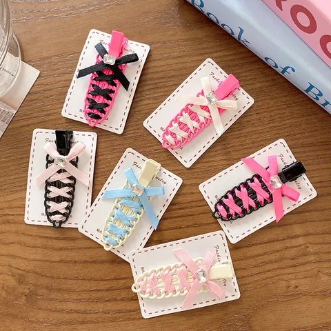 Balletcore Ribbon Braided Bow Hair Clip Alloy Rhinestone Duckbill Clip Sweet Cool Style Bangs Clip Fashion Hair Accessories For Women