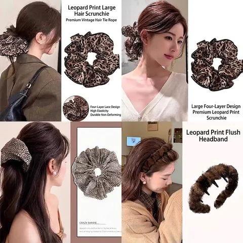 Vintage Leopard Print Fabric Hair Scrunchies For Women Large 4 Layer Handmade Hair Ties Versatile High Ponytail Accessories