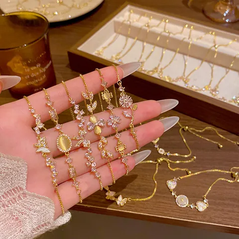 Korean Luxury Copper Inlaid Rhinestone Bracelet For Women Elegant Cat's Eye Stone Adjustable Slider Bracelet Floral Butterfly Heart Jewelry Gift