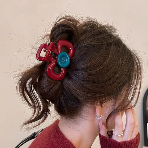 Ancora Red Bow Knot Button Shark Hair Claw Clip For Women Vintage Elegant Plastic Resin Hairpin Styling Decoration Accessory