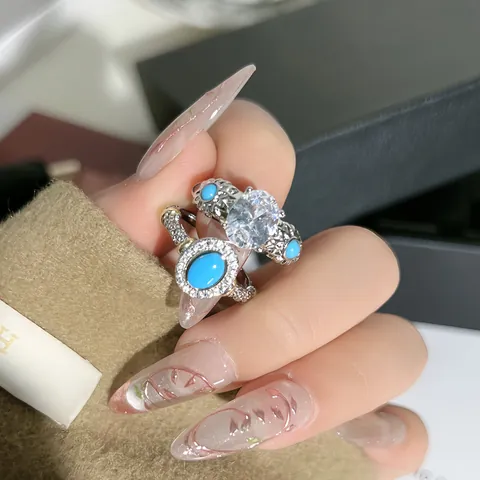 Anello Aperto Vintage Margherita Finta Turchese Per Donna Rame Zirconia Intarsiata Ovale Flash Diamante Retro Gioielli