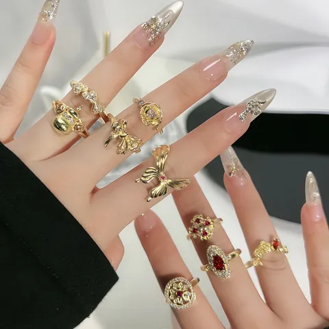 Vintage Kupfer Zirkonia Offener Ring Neu-Chinesischer Stil Kalebasse Schmetterling Schleifenknoten Blume Verstellbarer Fingerring Damen Mode Schmuck