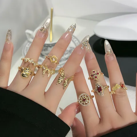 Vintage Kupfer Zirkonia Offener Ring Neu-Chinesischer Stil Kalebasse Schmetterling Schleifenknoten Blume Verstellbarer Fingerring Damen Mode Schmuck