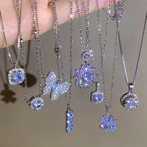 Luxury High-End Zirconia Titanium Steel Necklace For Women Ins Style Shiny Sugar Cube Pendant Clavicle Chain Jewelry Gift
