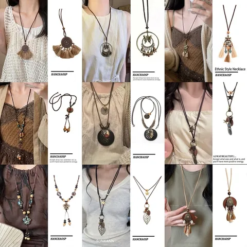 Bohemian Ethnic Style Long Necklace For Women Vintage Ceramic Feather Pendant Handmade Leather Cord Zen Sweater Chain Jewelry