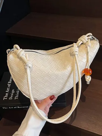 Bolso Dumpling Trenzado para Mujer Bolso de Hombro de Cuero PU de Moda Con Correa de Nudo y Detalle de Cuentas de Ámbar Bolso Hobo