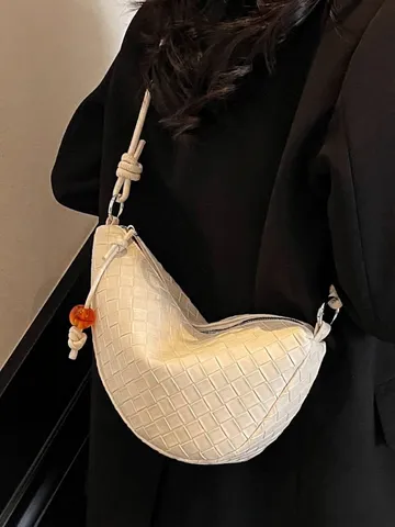 Bolso Dumpling Trenzado para Mujer Bolso de Hombro de Cuero PU de Moda Con Correa de Nudo y Detalle de Cuentas de Ámbar Bolso Hobo
