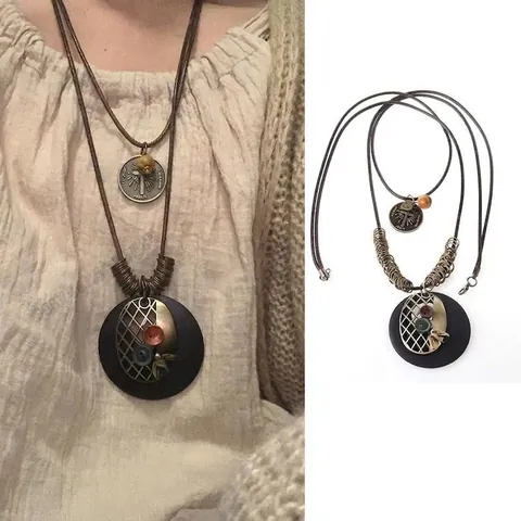Bohemian Ethnic Style Long Necklace For Women Vintage Ceramic Feather Pendant Handmade Leather Cord Zen Sweater Chain Jewelry