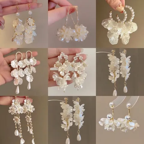 Elegant Floral Tassel Stud Earrings For Women 925 Sterling Silver Post Artificial Pearl Rhinestone Dangle Earrings Fashion Jewelry