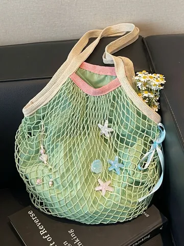 Large Capacity Hollow Woven Tote Bag For Women Casual Cotton Mesh Shoulder Bag With Starfish Shell Decor Summer Beach Handbag